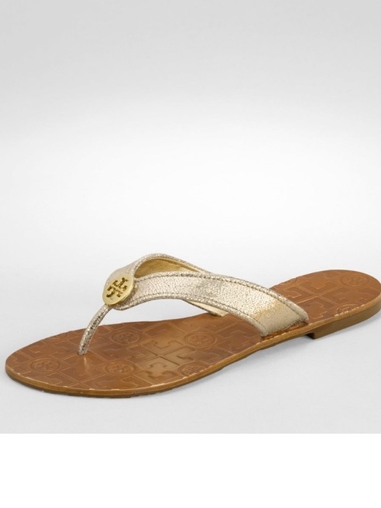 Tory Burch Shoes - Tory Burch Gold Metallic Logo Thong Sandal with Brown Footbed.
